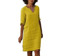 Abito Midi Donna in Stile Lino con Scollo a V e Maniche a Tre Quarti, Vestito Dritto Comodo e Fresco, Ideale per L'Estate, Passeggiate e Tempo Libero, Disponibile in Diverse tonalità