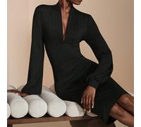 Abito midi elegante con maniche a sbuffo, scollo a V, plissettato, in colore nero tinta unita, collezione di abbigliamento di lusso e di stile per donne in autunno e inverno SHEIN X JIAN LASALA SHEIN