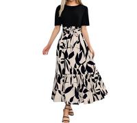 Abito Midi Elegante con Stampa Floreale, Vestito con Maniche Corte e Vita Alta con Fiocco, Stile Classico e Raffinato, Ideale per Lavoro, uscite e Occasioni Speciali, Disponibile in Diverse tonalità