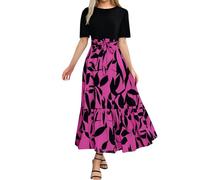 Abito Midi Elegante con Stampa Floreale, Vestito con Maniche Corte e Vita Alta con Fiocco, Stile Classico e Raffinato, Ideale per Lavoro, uscite e Occasioni Speciali, Disponibile in Diverse tonalità