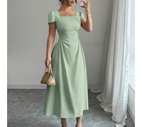 Abito midi elegante da donna con maniche a palloncino, scollo quadrato, vita stretta, adatto per vacanze e tè pomeridiani, in colore unito, primavera/estate L,M,S,XL,XS,XXLColore unicoTessuto intrecci