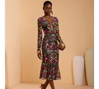 Abito midi elegante da donna con scollo a V, maniche lunghe e stampa all-over in rete SHEIN X JIAN LASALA SHEIN X potenzia la creatività fornendo a stilisti, artisti e marchi un accesso senza preceden