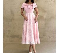 Abito midi elegante da donna con spalle scoperte, fiocco e rete con foil, adatto per feste, appuntamenti, uso quotidiano, vacanze, ospite di matrimonio, colore rosa L,M,S,XLPianteTessuto intrecciato