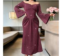 Abito midi elegante da donna con spalle scoperte, maniche a campana e pieghe, adatto come abito da ospite per matrimoni in primavera/estate L,M,S,XLColore unicoTessuto in maglia