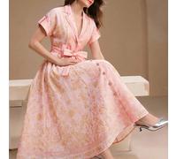 Abito midi elegante da donna in stile boho, con scollo a V, maniche corte e vita annodata, di colore verde chiaro, adatto per la primavera/estate e le vacanze L,M,S,XLStampa Casuale,Tradizione popolar