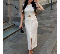 Abito midi elegante da donna Shibashan con scollo a O, senza maniche, color beige, con cintura, casual estivo, monopetto, lungo L,M,S,XL,XS,XXLTessuto intrecciato