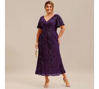Abito midi elegante da donna taglie forti con scollo a V, maniche corte e paillettes, abito da sera viola adatto per cene formali, vacanze, matrimoni, occasioni formali, abbraccio le curve, abito da f