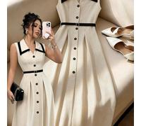 Abito midi elegante e retrò da donna con vita stretta, collo a bavero e bottoni, colore albicocca/nero, adatto per l'ufficio e occasioni formali, primavera/estate L,M,S,XL,XSGeometricoTessuto intrecci