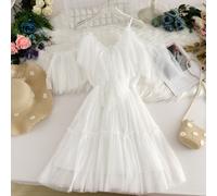 Abito Midi Elegante In Rete Con Volant A V Collo Dolce Lolita Fata Principessa