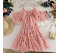 Abito Midi Elegante In Rete Con Volant A V Collo Dolce Lolita Fata Principessa