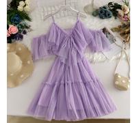 Abito Midi Elegante In Rete Con Volant A V Collo Dolce Lolita Fata Principessa