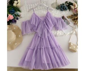 Abito Midi Elegante In Rete Con Volant A V Collo Dolce Lolita Fata Principessa