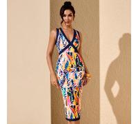 Abito midi estivo aderente da donna con scollo a V, stampa all-over e bordi a contrasto, elegante e bohémien SHEIN X JIAN LASALA SHEIN X potenzia la creatività fornendo a stilisti, artisti e marchi un