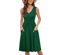 Abito midi estivo casual da donna, senza maniche, con scollo a V, con tasche, Verde, XXL