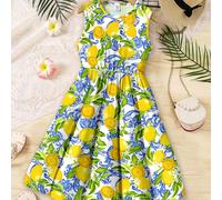 Abito midi estivo casual e carino con stampa limoni, senza maniche, adatto per uscite in famiglia, vacanze rilassanti, comfort, gioia speciale, stile vaniglia, vibrazioni da vacanza, abbigliamento per