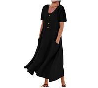 Abito Midi in Lino e Cotone Vestito Lungo Estivo Cotone Lino con Scollo a V Manica corta Vestiti Casual da Spiaggia Larghi Tinta Unita da Donna Vestito Lungo Fluttuante Taglie Forti Mare Vacanza