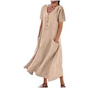 Abito Midi in Lino e Cotone Vestito Lungo Estivo Cotone Lino con Scollo a V Manica corta Vestiti Casual da Spiaggia Larghi Tinta Unita da Donna Vestito Lungo Fluttuante Taglie Forti Mare Vacanza