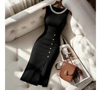 Abito midi in maglia a costine nero elegante e casual per donne taglia curvy, abito elegante senza maniche con scollo a perle e bottoni dorati, abito aderente con spacco, perfetto per feste, matrimoni