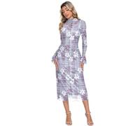 Abito midi in rete con maniche lunghe elasticizzato Bianco Viola Fiore | Il vestito lungo della maglia del bodycon del manicotto svasato ha increspato i vestiti da sera montati increspati del collo