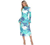 Abito midi in rete da donna con maniche elasticizzate Chinese Culture Cloud | Abito aderente elasticizzato a maniche lunghe svasate con collo a lupetto increspato abito aderente elasticizzato per