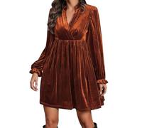 Abito Midi in Velluto da Donna con Scollo a V Manica Lunga Elastico Smockée Elegante Abito da Cocktail Abiti di Natale e Capodanno Costume per il ballo del Carnevale, arancione, L