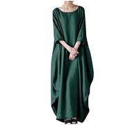 Abito Midi Lunghi Donna in Cotone e Lino Caftano Boho Abito Ampio Casual Moda Manica Corta Scollo a Rotondo Vestito Estivo Taglie Forti Eleganti Abiti al Ginocchio Larghe da Spiaggia Fresco Vacanza