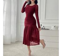 Abito midi plissettato color borgogna, elegante per l'outfit da invitata a un matrimonio, elegante per la primavera, con volant, abito da matrimonio, abbigliamento per il ritorno a scuola, abito lungo