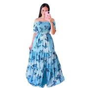 Abito Midi Scolare a Spalle Scoperte - Stile Linea A con Vita Elastica - Motivo Floreale Bianco e Rosa (Blu Farfalla,L)