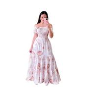 Abito Midi Scolare a Spalle Scoperte - Stile Linea A con Vita Elastica - Motivo Floreale Bianco e Rosa (Fiori Bianchi,XXL)