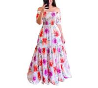 Abito Midi Scolare a Spalle Scoperte - Stile Linea A con Vita Elastica - Motivo Floreale Bianco e Rosa (Flori Fucsia,S)