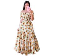 Abito Midi Scolare a Spalle Scoperte - Stile Linea A con Vita Elastica - Motivo Floreale Bianco e Rosa (Girasole,XXL)