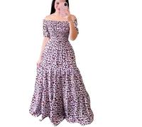 Abito Midi Scolare a Spalle Scoperte - Stile Linea A con Vita Elastica - Motivo Floreale Bianco e Rosa (Modello Leopardo Rosa,XXL)