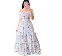 Abito Midi Scolare a Spalle Scoperte - Stile Linea A con Vita Elastica - Motivo Floreale Bianco e Rosa (Piccolo,XXL)