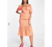 Abito Midi Smock Di Mercoledì In Gingham Arancione UK Piccolo S (DRP2-4)