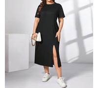 Abito midi svasato, nero, con spacchi, maniche corte, comodo e casual, adatto per la primavera e l'estate, per uso quotidiano, stile vecchio denaro, adatto per la chiesa, vestiti modesti per donne di 