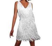 Abito midi vintage da donna con scollo a V, senza maniche, mini abito da discoteca anni '70 e '20, casual, con paillettes e frange, scintillante abito da sera per cocktail e feste