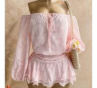 Abito mini a-line da donna con stampa floreale rosa romantica in chiffon, spalle scoperte e maniche a lanterna, adatto per vacanze, feste, appuntamenti, San Valentino, pomeriggio del tè L,M,S,XSPiante