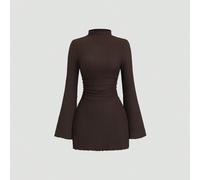Abito mini a-line elegante da donna in stile pendolare, con collo a lupetto, maniche lunghe a campana, vita arricciata e texture, adatto per la primavera/estate L,M,S,XSColore unicoTessuto in maglia