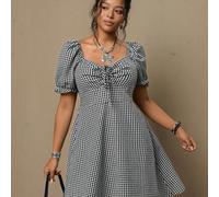 Abito mini a-line versatile in stile romantico da vacanza, con colletto quadrato a righe bianche e marroni, maniche a sbuffo, vita stretta, design plissettato sul busto, adatto per la primavera e l'es