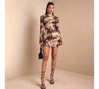 Abito mini aderente con scollo a lupetto, con stampa marmorizzata e effetto Tintura a nodi asimmetrico e grinze, adatto per feste di cocktail, appuntamenti romantici, come strato in autunno/inverno, p