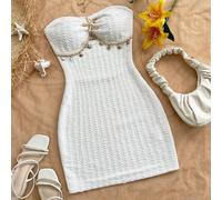 Abito mini aderente da donna per vacanze, in maglia bianca con texture, senza spalline, con decorazione a stella marina in metallo, adatto per feste, appuntamenti, spiaggia e vacanze estive L,M,S,XS,X
