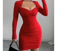 Abito mini aderente elegante e sexy con scollo a cuore, maniche lunghe e arricciature, adatto per appuntamenti, romanticismo, eventi di moda e matrimoni per esaltare il fascino sexy, adatto anche per