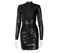 Abito Mini Bodycon In Pelle PU Donne Con Rouches E Collo A Rollo Con Spalline