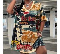 Abito mini casual in maglia con scollo a V e maniche corte, stile Y2K, motivo retrò a cartellone, adatto per il ritorno a scuola e la stagione sportiva, taglie comode 5XL,6XL,7XL,8XLRitratto,Grafico,L