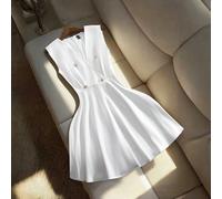 Abito mini con colletto a blazer, senza maniche, con bottoni in perla in vita, taglio a-line. Elegante e chic, stile snellente e maturo, il classico little black dress. L,M,S,XLColore unicoTessuto