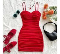 Abito mini con ruches in rete, può essere indossato dentro o fuori, di colore rosso, adatto per vacanze, appuntamenti, pomeriggio del tè, vacanze, festival musicali, stile bohémien L,M,S,XSTessuto in 