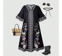 Abito mini con scollo a V e patchwork floreale, adatto per la primavera/estate e le vacanze. Abito lungo con volant floreali neri, stile robe, con bordi floreali colorati sul collo e sulle maniche, al