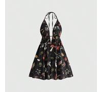 Abito mini con stampa all-over di funghi, falene e piante, con schiena scoperta e collo alto, adatto per le vacanze estive L,M,S,XSStampa CasualeTessuto intrecciato