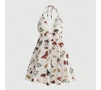 Abito mini con stampa all-over di funghi, falene e piante, con schiena scoperta e collo alto, adatto per le vacanze estive L,M,S,XSStampa CasualeTessuto intrecciato