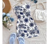 Abito mini con stampa grafica del sole blu e palma, stile casual da resort, adatto per primavera/estate, vacanze, isola L,M,S,XSTropicaleTessuto in maglia